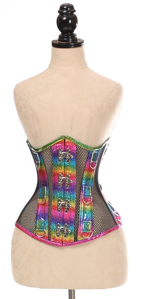 Shop Daisy Corsets Lingerie & Outerwear Corsetry-Top Drawer Rainbow Glitter PVC & Black Fishnet Steel Boned UnderBust Corset