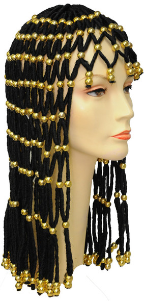Women's Wig Headdress With Gold Beads Black