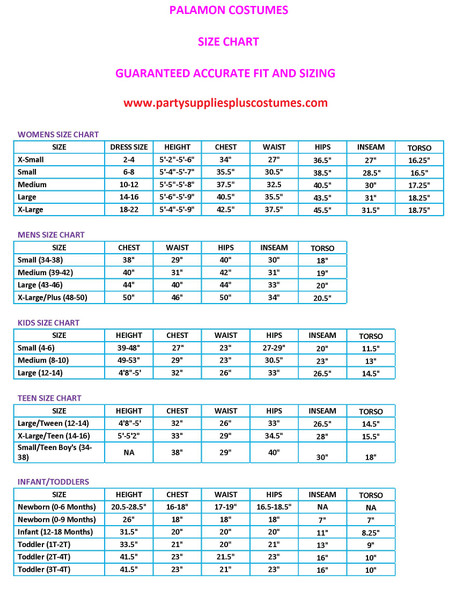 Alexander's Costumes Size Chart