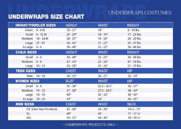 Underwraps Costumes Size Chart