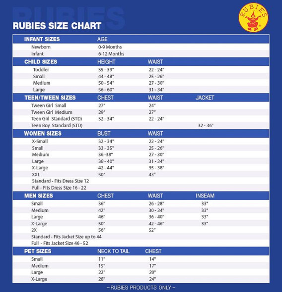 Rubie's Costumes Size Chart