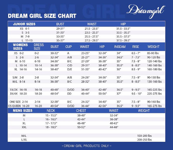 Dreamgirl Costumes Size Chart