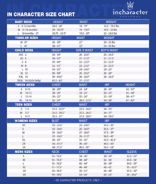 InCharacter Costumes Size Chart