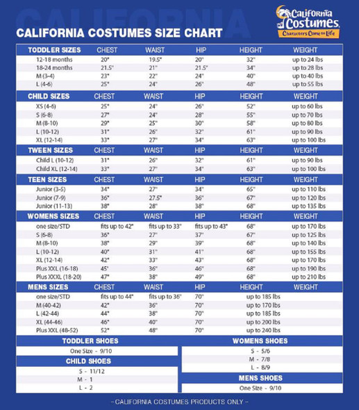 California Costumes Size Chart