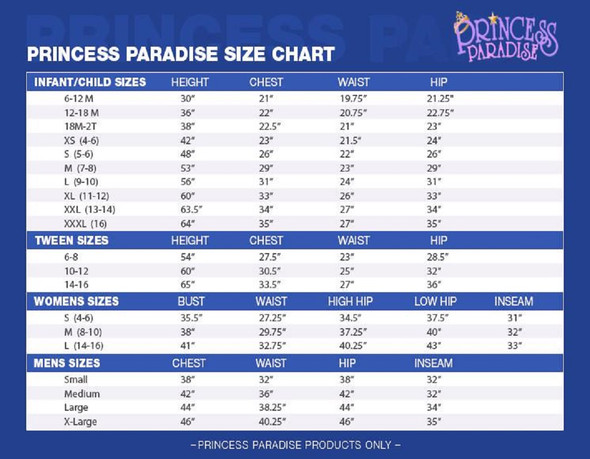 Princess In Paradise Costumes Size Chart