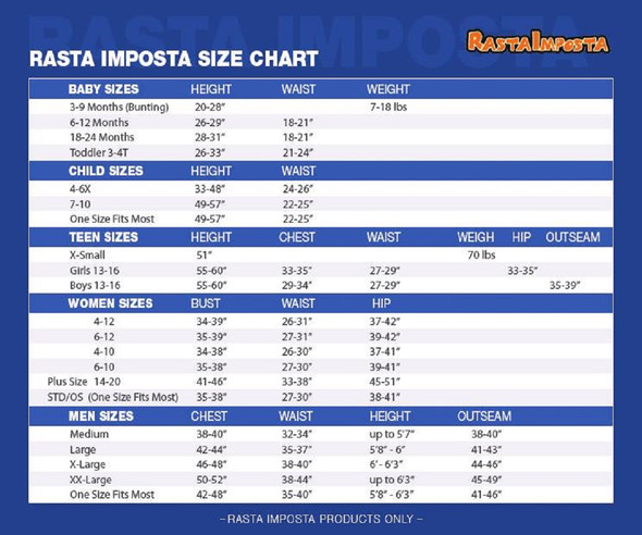 Rasta Imposta Costumes Size Chart