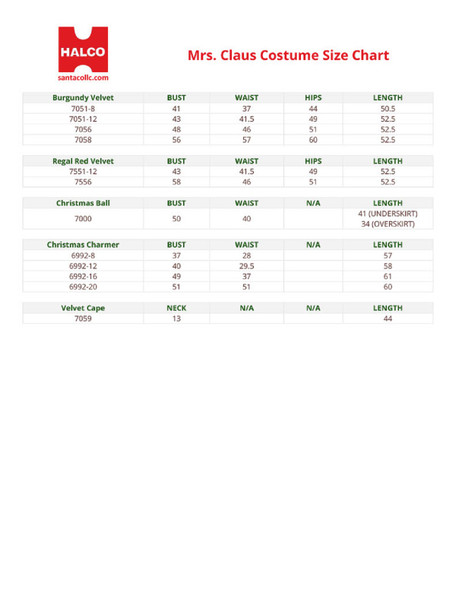 Halco Costumes Size Chart