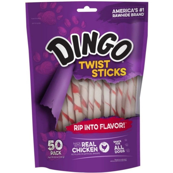 Dingo Twist Sticks Chicken in the Middle Rawhide Chews (No China Sourced Ingredients) - 50 Pack