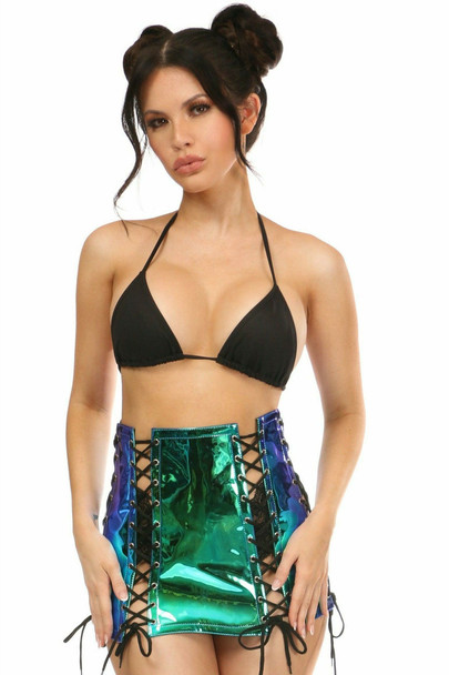 Shop Daisy Corsets Lingerie & Outerwear Corsetry-Blue/Teal Holo Lace-Up Skirt