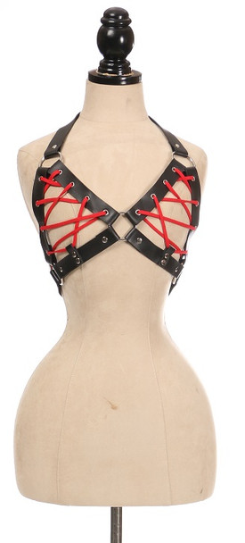 Shop Daisy Corsets Lingerie & Outerwear Corsetry-Black Faux Leather Lace-Up Bra Top-Red