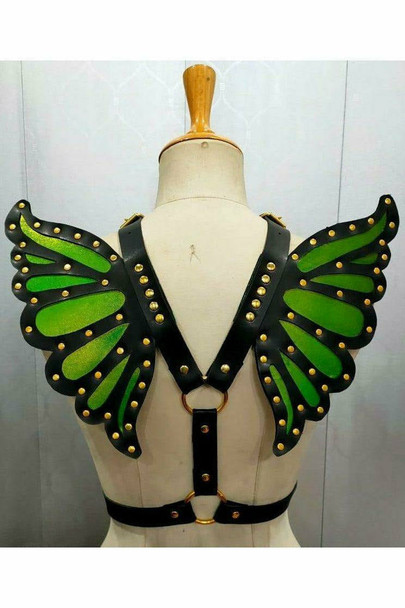 Shop Daisy Corsets Lingerie & Outerwear Corsetry-Faux Leather Green/Gold Butterfly Wing Harness