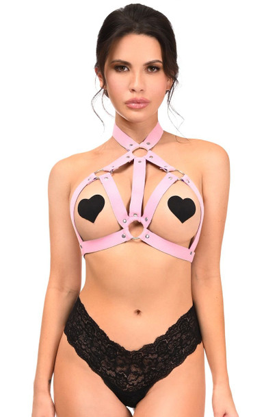 Shop Daisy Corsets Lingerie & Outerwear Corsetry-Light Pink Stretchy Body Harness With Silver Hardware