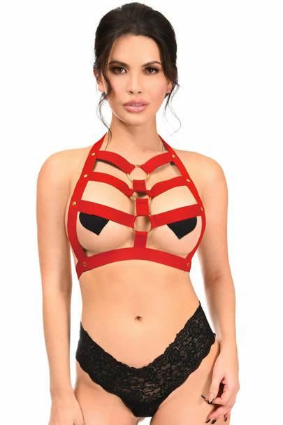 Shop Daisy Corsets Lingerie & Outerwear Corsetry-Dark Red Stretchy Body Harness With Gold Hardware