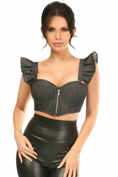 Shop Daisy Corsets Lingerie & Outerwear Corsetry-Lavish Black Denim UnderWire Bustier Top With Removable Ruffle Sleeves