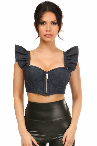 Shop Daisy Corsets Lingerie & Outerwear Corsetry-Lavish Blue Denim UnderWire Bustier Top With Removable Ruffle Sleeves