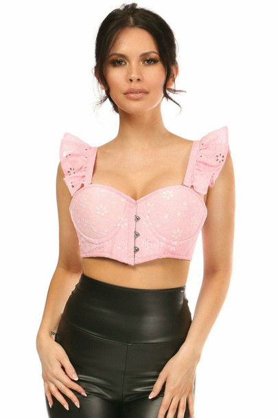 Shop Daisy Corsets Lingerie & Outerwear Corsetry-Lavish Light Pink Eyelet UnderWire Bustier Top With Removable Ruffle Sleeves