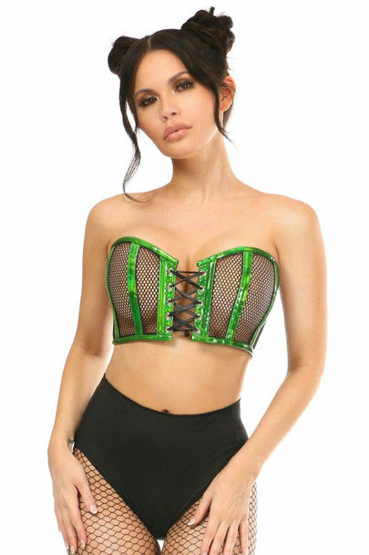 Shop Daisy Corsets Lingerie & Outerwear Corsetry-Lavish Green Holo & Fishnet Lace-Up Short Bustier Top