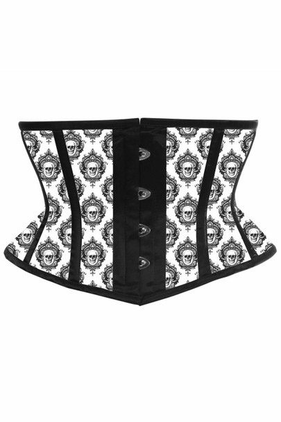 Shop Daisy Corsets Lingerie & Outerwear Corsetry-Lavish Black & White Skull Print Satin Mini Cincher Corset