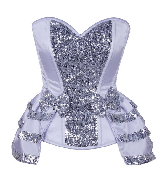 Shop Daisy Corsets Lingerie & Outerwear Corsetry-Top Drawer White/Silver Satin & Sequin Steel Boned Corset With Removable Snap Skirt