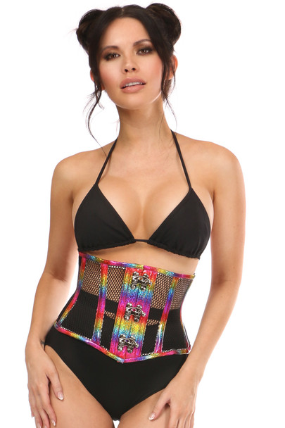 Shop Daisy Corsets Lingerie & Outerwear Corsetry-Top Drawer Rainbow Glitter PVC Steel Boned Mini Cincher With Clasps