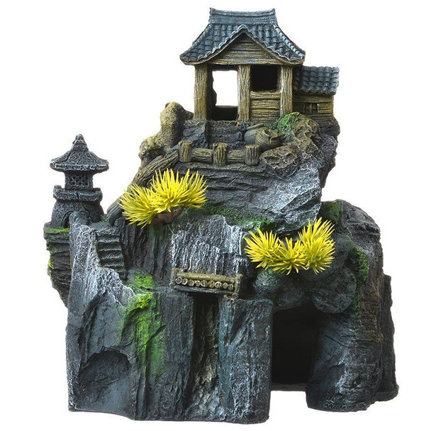 Exotic Environments Asian Cottage House with Bonsai Aquarium Ornament - 7.75"L x 5.5"W x 8.5"H