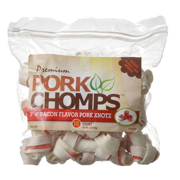 Pork Chomps Premium Pork Knotz - Bacon Flavor - Mini - 18 Count - (3"-4" Chews)
