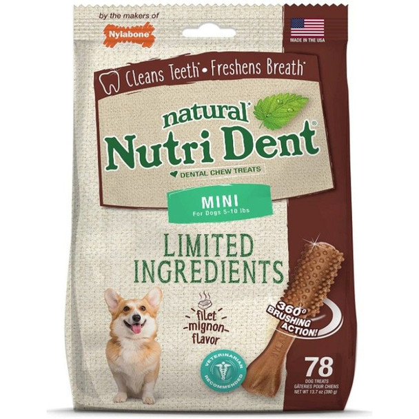Nylabone Natural Nutri Dent Filet Mignon Dental Chews - Limited Ingredients - Mini - 78 count