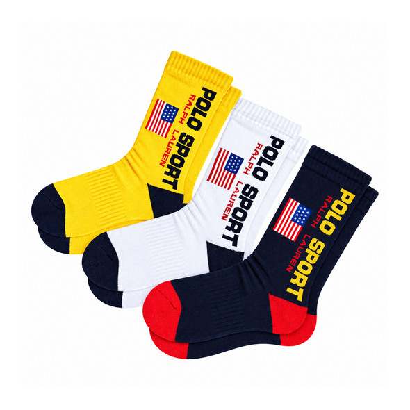 Ralph Lauren Polo Sport USA Flag Crew Socks 3-Pack One-Size (White/Yellow/Blue)