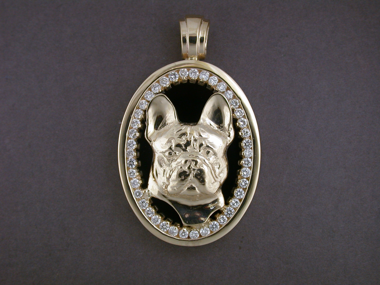 14k yellow gold French Bulldog pendant with diamonds