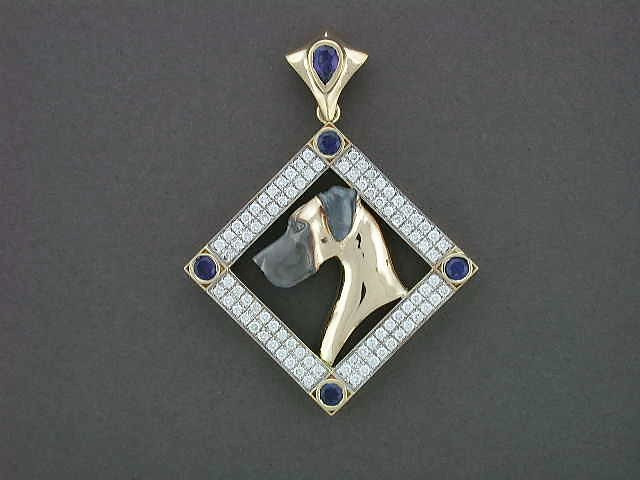 Frame Square Bezel Pave Setting With Great Dane Natural Ear Pendant Pendant