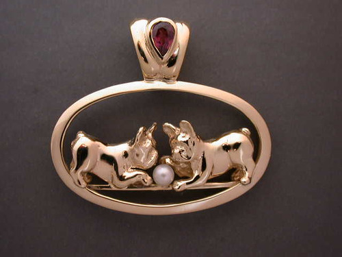 Frame Oval Slim For Onxy W French Bulldog Full Body Pair Playing Pendant