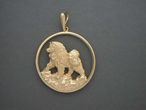 Frame Cir Round Rim W Samoyed Full Body On Rock Pendant