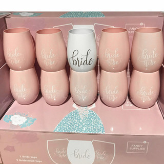 10 Pink Stemless Wine Cups 1 Bride + 9 Bride Tribe Glasses Pink White plastic bachelorette (Set of 10)
