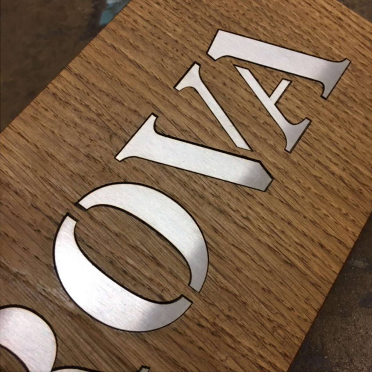 Metallic Inlay Sign Solid oak sign with inlaid stainless steel lettering / logo / artwork