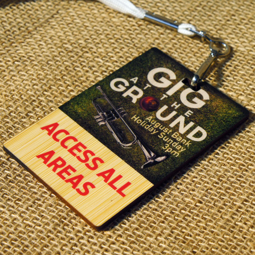 Wooden Printed Lanyards / Membership / ID cards - Photo shows full colour print onto 3mm thick bamboo