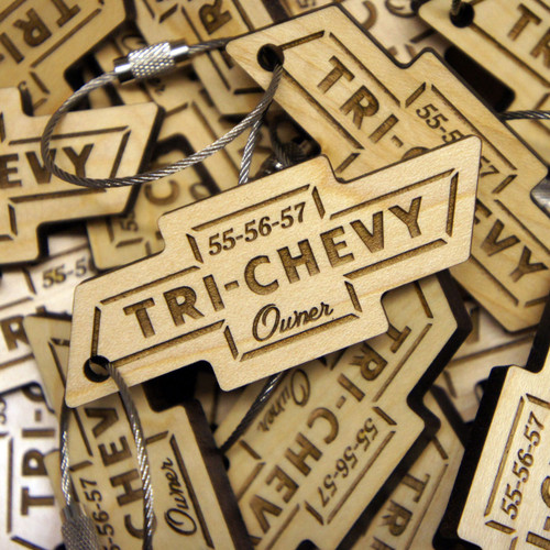 Engraved Maple Wood keyrings 5mm to 6mm thick - shown with screw connector.  Ideal promotional gifts for businesses and events.
