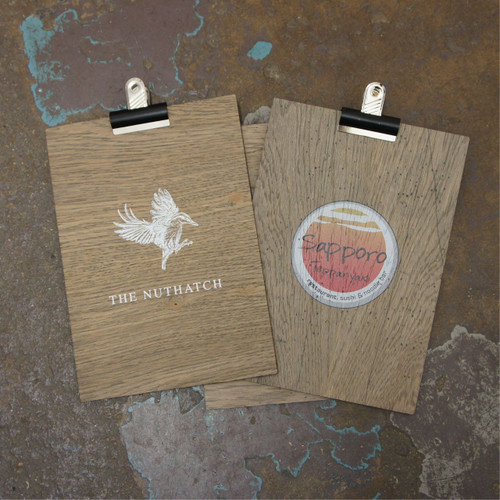 Wooden grey wood clipboards.  Available in 3 sizes, to suit DL, A5 and A4 paper.  Options for distressed and plain wood.  With bulldog clips.