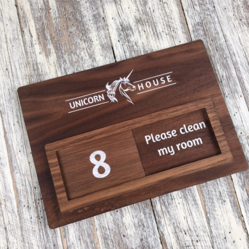 Walnut veneered slider door signs - your sign details can be printed onto a 6mm thick wooden sign.  Ideals for meeting rooms, hotels and care homes.
