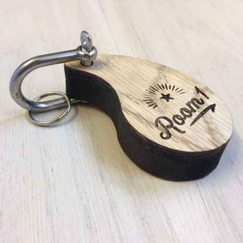 Engraved and shaped oak keyrings (19mm thick) available in a variety of sizes
