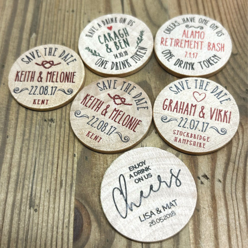 Wooden Wedding and Event Tokens - Eco-friendly, sustainable tokens — natural wood feels tactile and premium.
