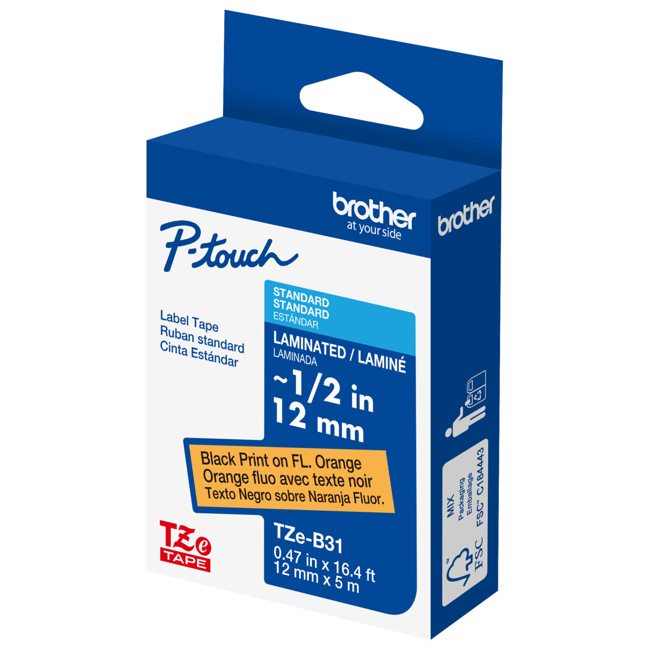 Brother TZeB31 Label Tape – Black on Fluorescent Orange, 12mm