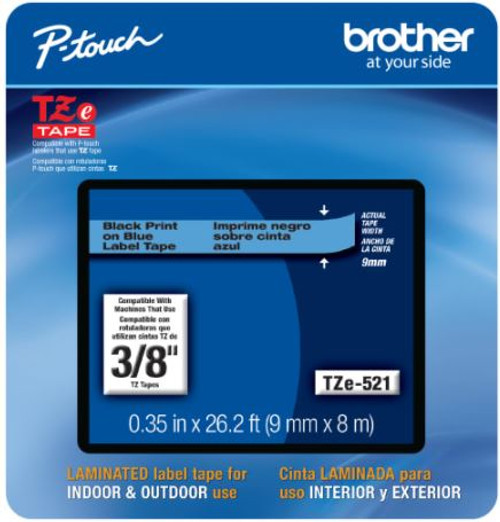 Brother TZe521 3/8 In. Black On Blue P-touch Tape