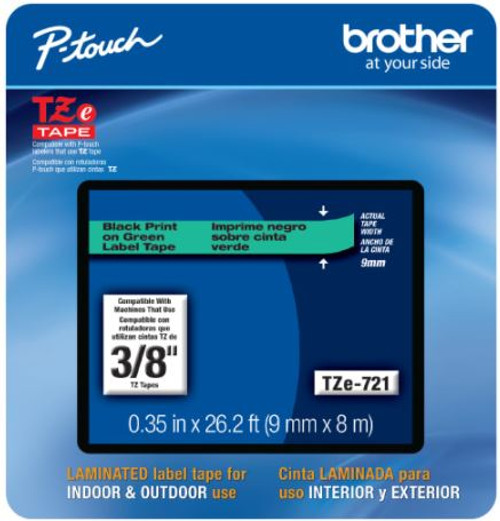 Brother TZe721 3/8 In. Black On Green P-touch Tape