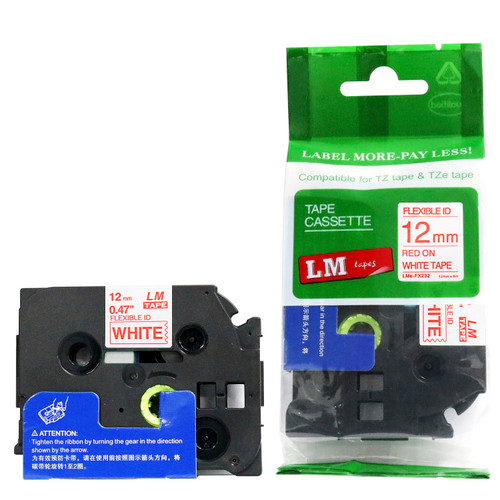 LM Tape Compatible TZe-FX232 1/2" Red On White Flexible P-touch Tape
