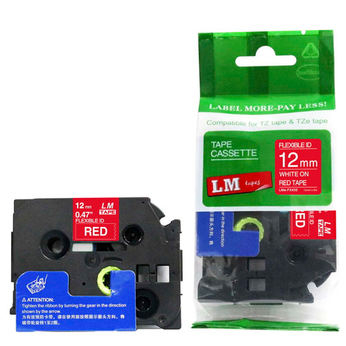 LM Tape Compatible TZe-FX435 1/2" White On Red Flexible P-touch Tape
