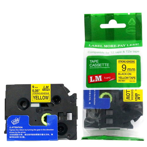 LM Tape Compatible TZeS621 3/8 Black on Yellow Extra Strength Tape, 9mm