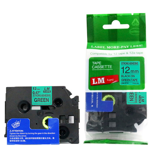 LM Tape Compatible TZeS731 1/2 Black On Green Extra Strength Tape, 12mm