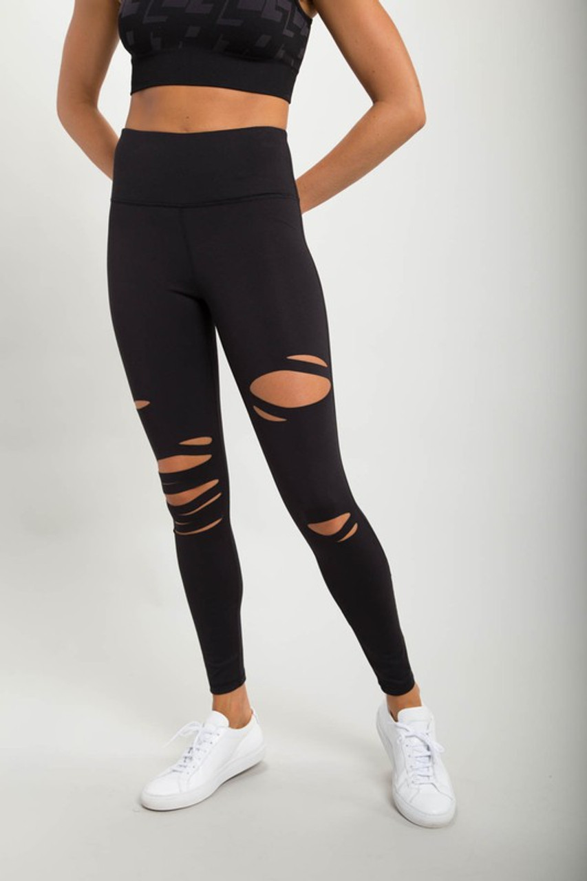 Alo Yoga Pull On High Waisted Ripped Warrior Workout Leggings Stretch Black  XS - $45 - From DANIELLE