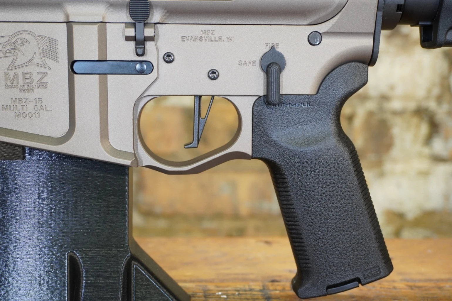MBZ-15 Multi Cal engraved lower receiver, trigger and safety detail