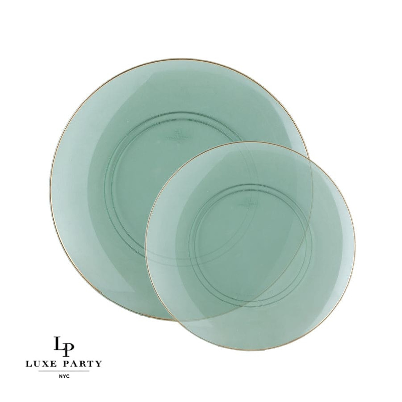 Round Transparent Green and Gold Plastic Plates 10.25